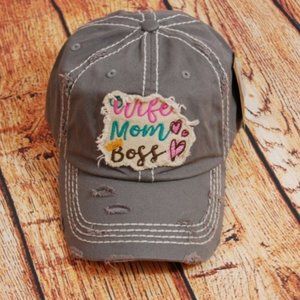 "WIFE MOM BOSS" Distressed Ball‎ Cap - Gray